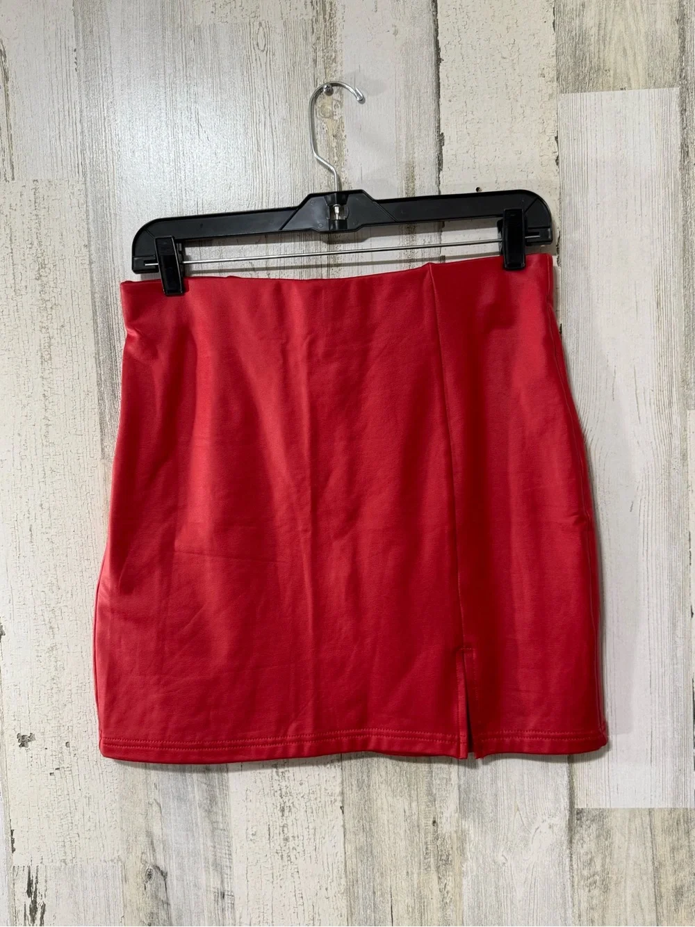 Red Faux Leather Mini Skirt with Front Slit by Chocolate